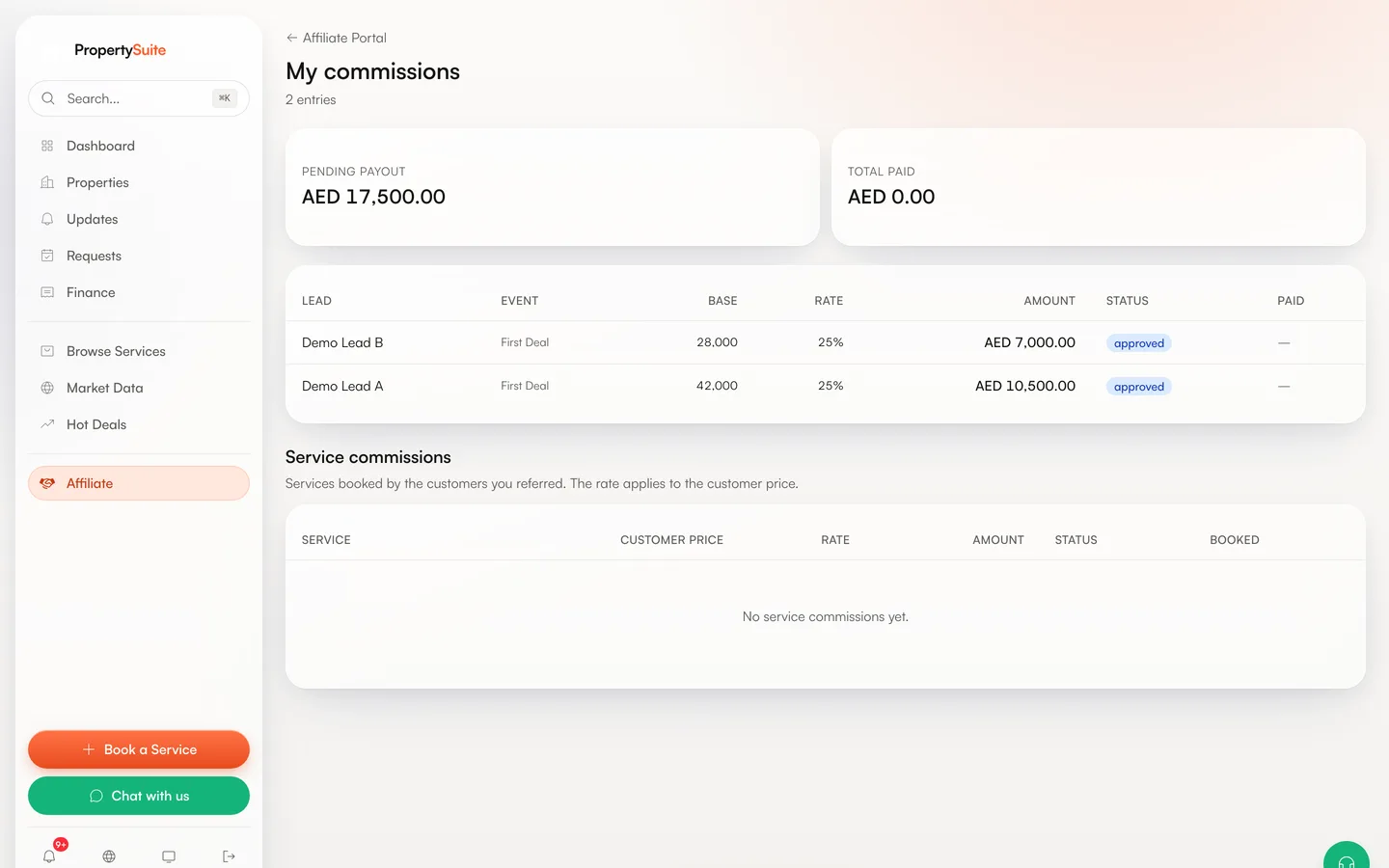 The commission statement of a test account: the pending and the already paid amount at the top, then one row per commission with the contact, the event, the base, the rate, the amount and the status, and below it a separate table for commissions from service bookings.